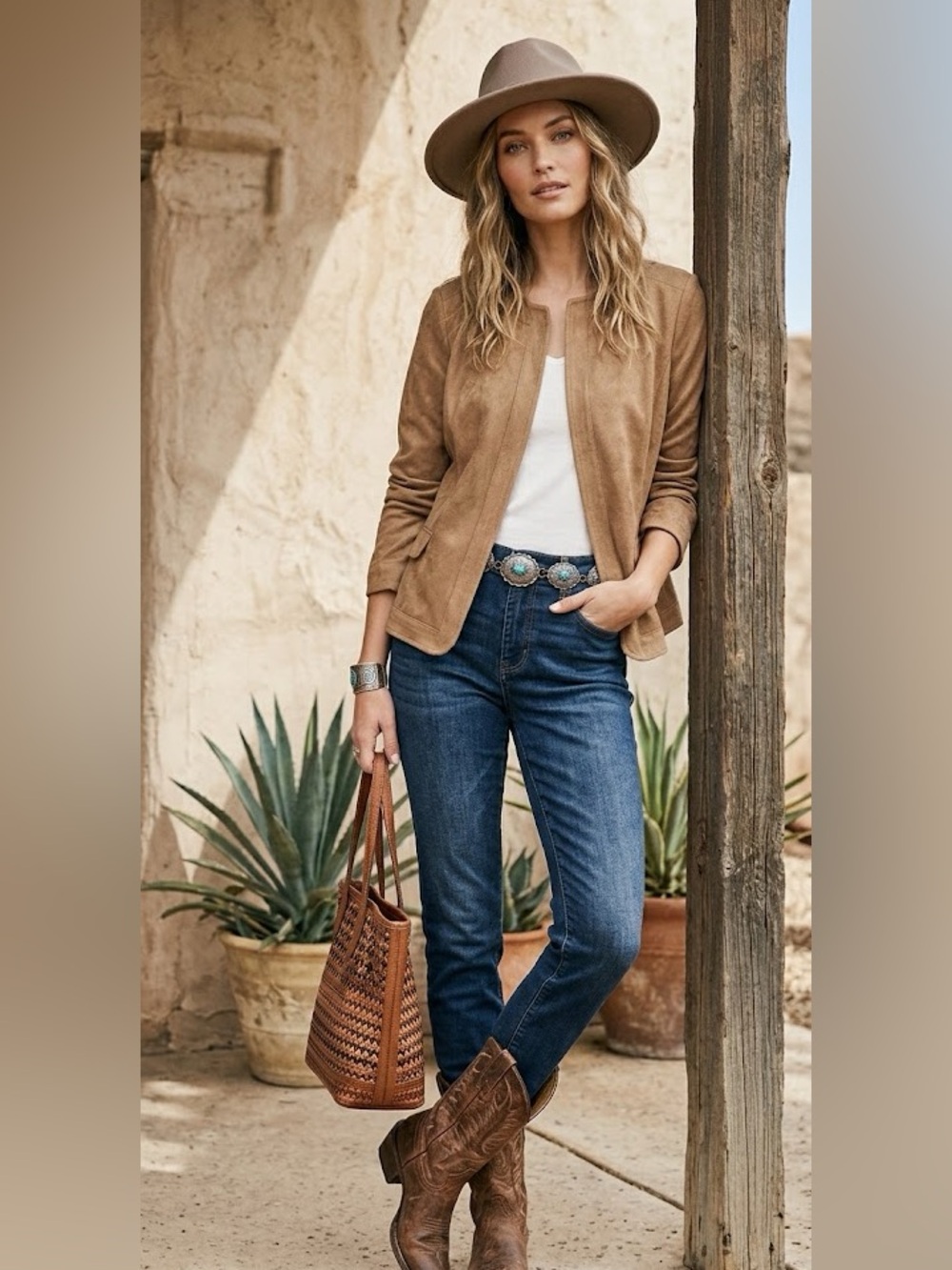 Boho Western Open Front Faux Suede Jacket Camel Brown M